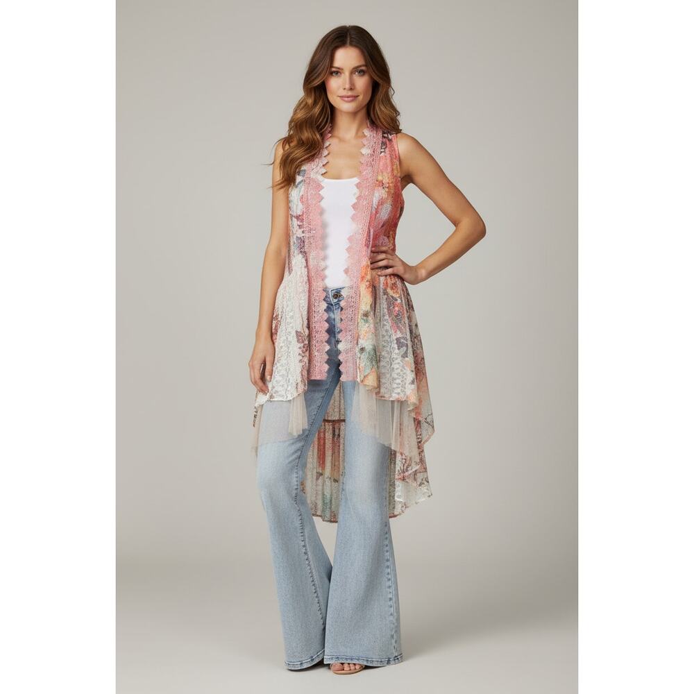 Origami Hi-Lo Lace White Floral Multicolor Vest Small